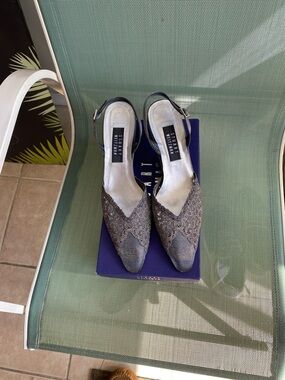 Stuart Weitzman Lace-Overlay Pointed Slingback Pumps in Gray